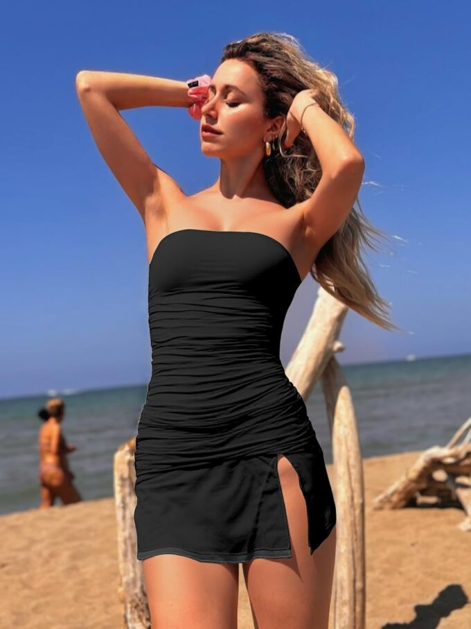 VASAUGE Women's Sexy Tube Top Side Slit Mini Dress Strapless Ruched Bodycon Party Club Short Dresses – Bild 6