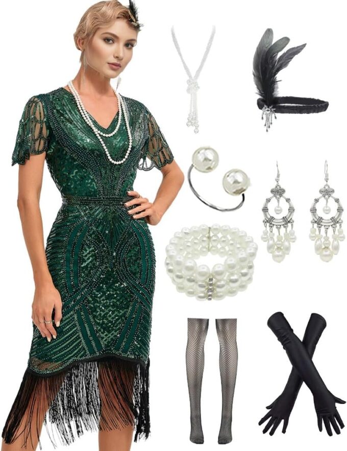 Women's 1920s Gatsby Fringe Vintage Sequin Art Deco Cocktail Flapper Dress with Sleeves 20s Accessories Set