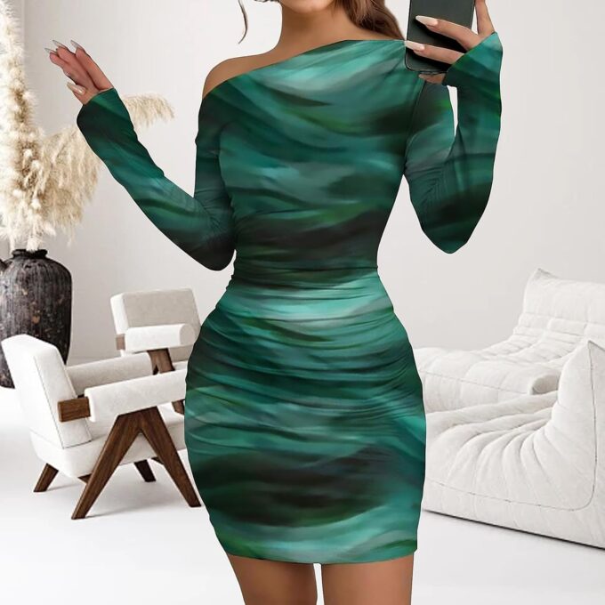 Women's Long Sleeve Bodycon Mini Dress Tie Dye Print Slim Fit Asymmetrical Neck Elegant Formal Ruched Short Dresses – Bild 4
