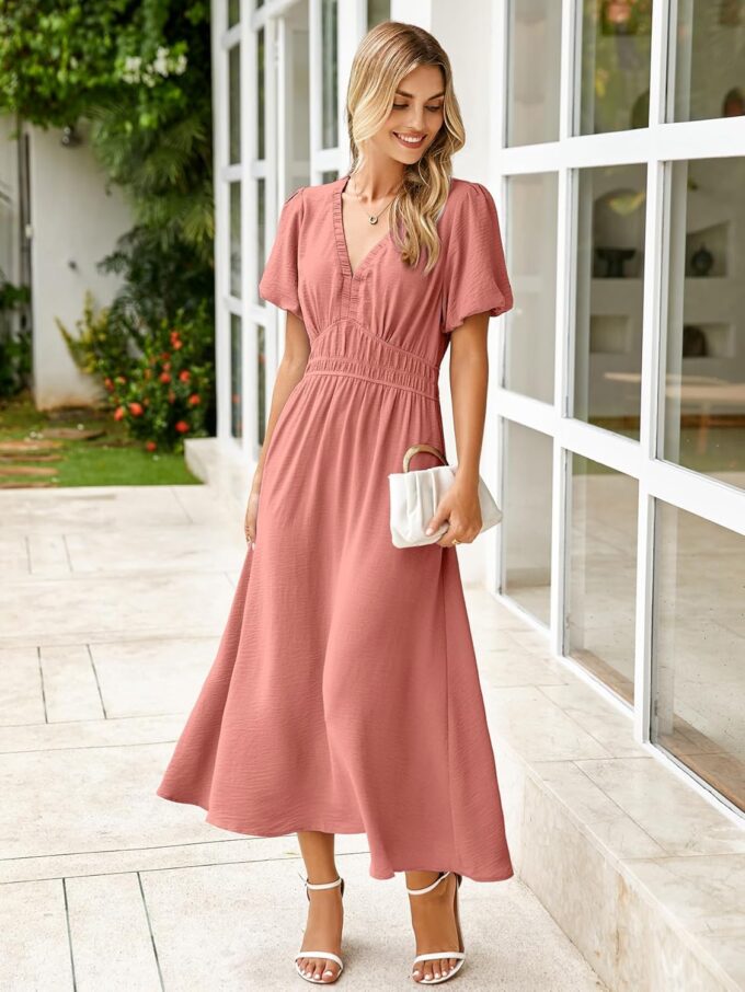 Simplee Women's Summer Flowy Midi Dress Casual V Neck Short Sleeve Empire Waist Boho Beach Dress Wedding Guest Maxi Dress – Bild 5