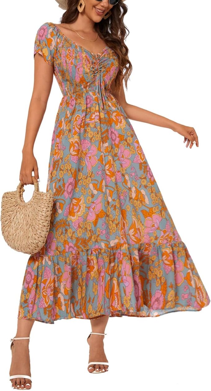 Women's Summer Casual Short Sleeve V Neck Smocked Elastic Waist Tiered Boho Floral Flowy Maxi Dress – Bild 4