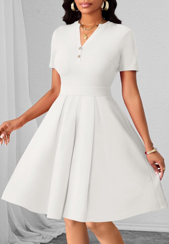 MarryUP Damen-Kleid, kurzärmelig, V-Ausschnitt, lässig, semi-formell, A-Linie, Arbeitskleid, Hochzeitsgäste, Cocktailkleider mit Taschen – Bild 4