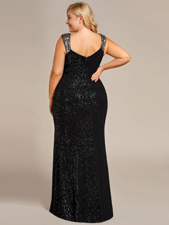 Ever-Pretty Plus Women's V Neck Pleated Bodycon Glitter Side Slit Sleeveless Floor Length Plus Size Wedding Guest Dresses – Bild 2