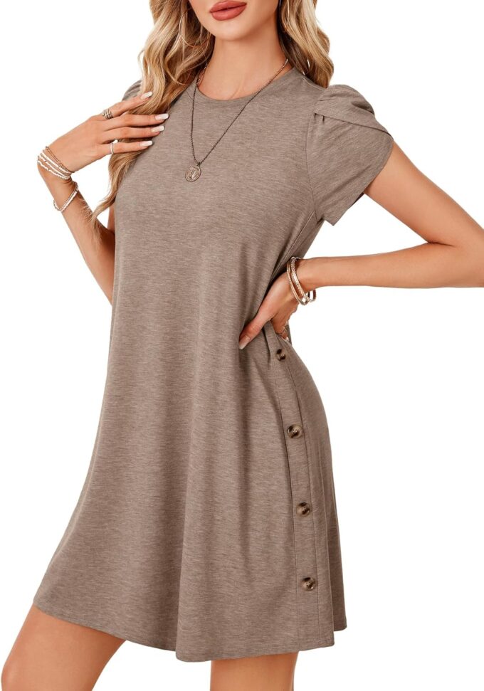 LYANER Women's Crewneck Button Sides Short Sleeve Flowy Mini Dress with Pockets – Bild 4