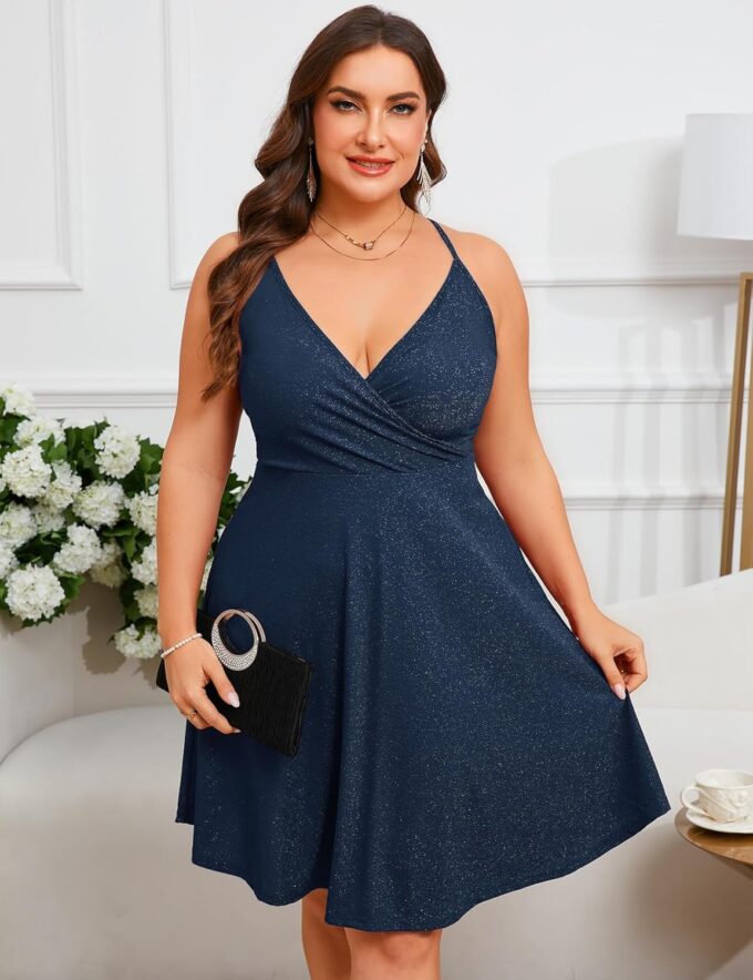 ZOMVA Plus Size 0X-4X Sparkly Glitter Sleeveless Aline Mini Dress Sparkle Wrap Spaghetti Strap Sexy Dress Cocktail Party Club – Bild 6