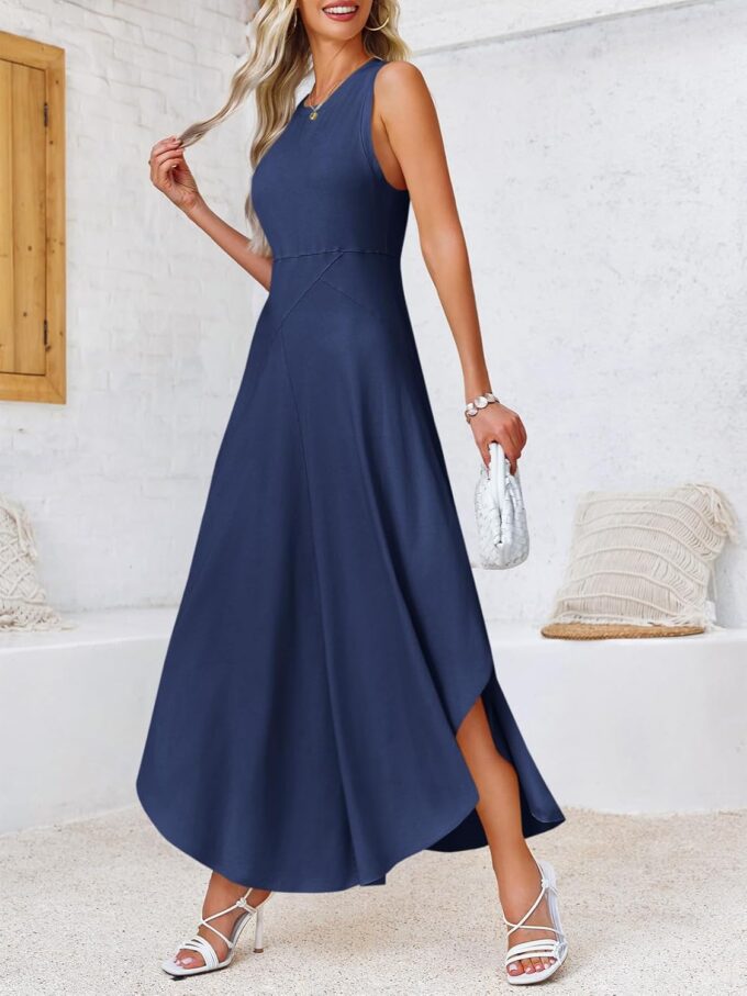 Fisoew Womens Summer Sleeveless Maxi Dress Asymmetrical Hem Crew Neck High Waist A Line Flowy Casual Long Beach Dress – Bild 3