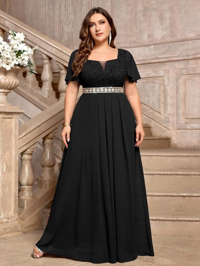 MISSMAY Women's Plus Size Floral Lace Ruffle Sleeves Beads Waist Chiffon Formal Party Maxi Dress – Bild 4