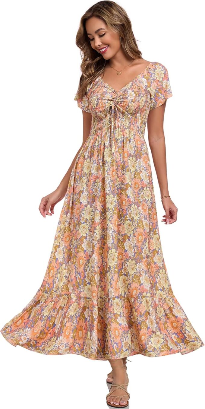 Women's Summer Floral Maxi Dress Casual Short Sleeve Flowy Boho Beach Party Long Dress