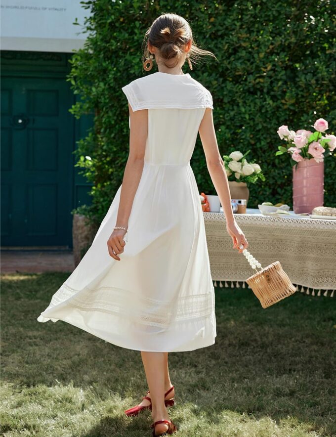 Women's White Cotton Boho Embroidered Eyelet Midi Dress, Sailor Collar Sleeveless Summer Casual Beach Vacation Dress – Bild 2