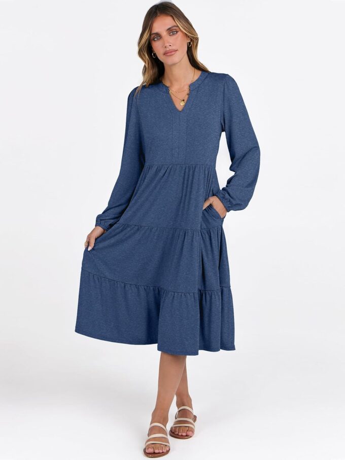 ANRABESS Long Sleeve Dress for Women V Neck 2025 Fall Fashion Casual Loose Fit Flowy Swing Tiered Vacation Dresses – Bild 2