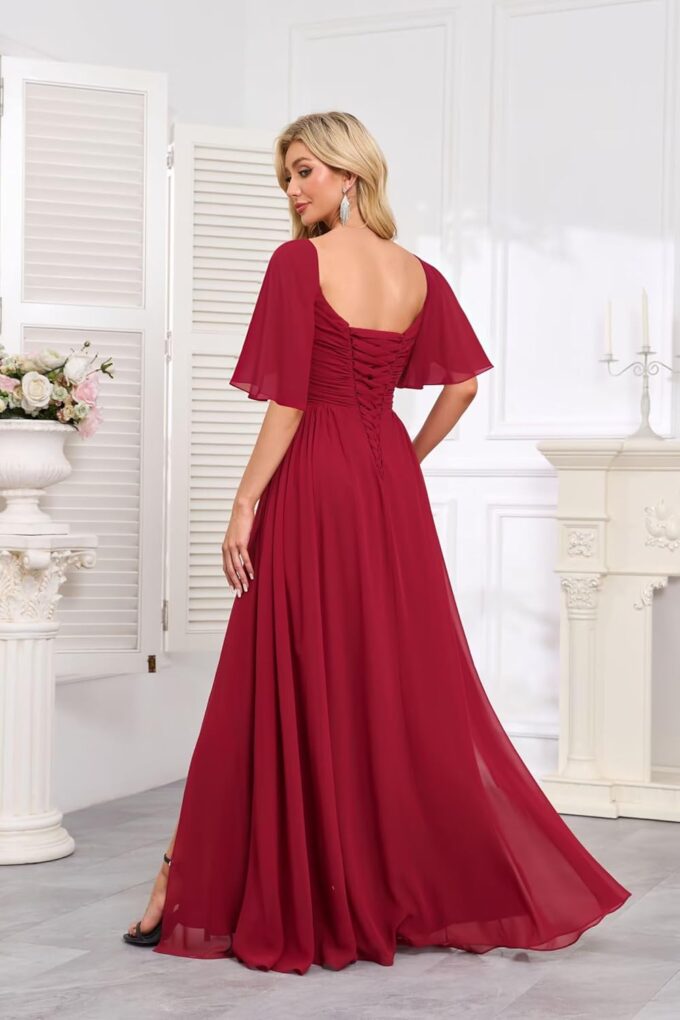 Women's Flutter Sleeves Chiffon Bridesmaid Dresses with Slit Long A Line V-Neck Formal Party Dress with Pockets – Bild 2