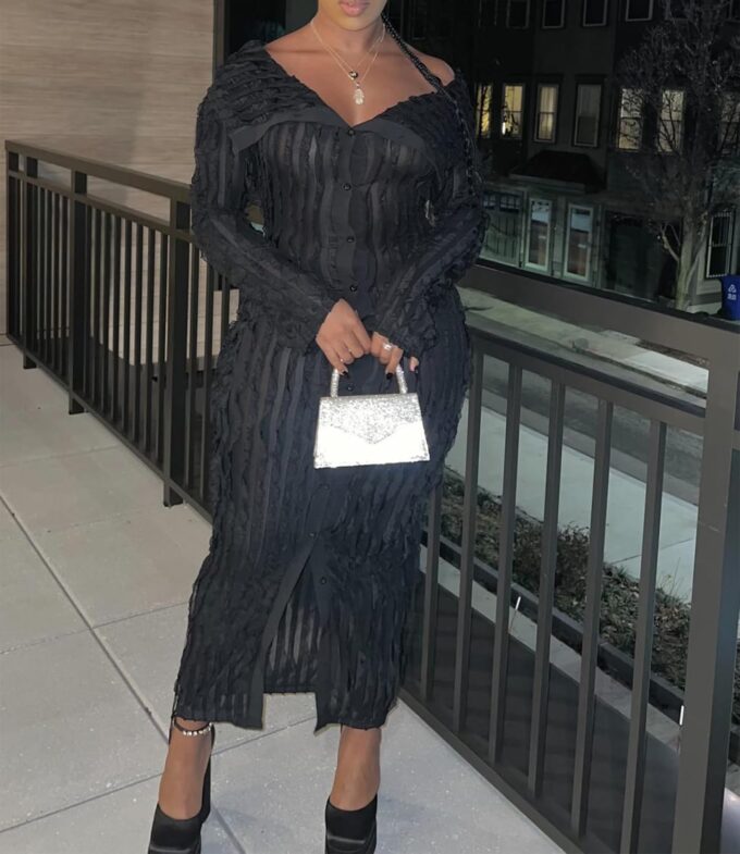 Womens Sexy Off Shoulder Maxi Dress Pleated See Through Flare Sleeve Button Down Slit Bodycon Long Dresses – Bild 2