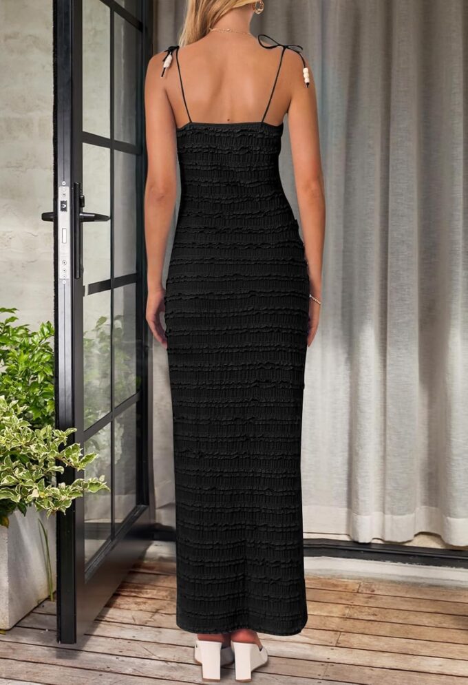 MEROKEETY Women's Summer Spaghetti Strap Sleeveless Bodycon Backless Textured Wedding Guest Cocktail Dress – Bild 4