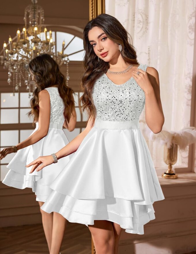 Meetjen Women's Sequin Prom Dresses Cocktail Party Sparkly Short V Neck A-line High Low Satin Formal Dress for Wedding – Bild 4