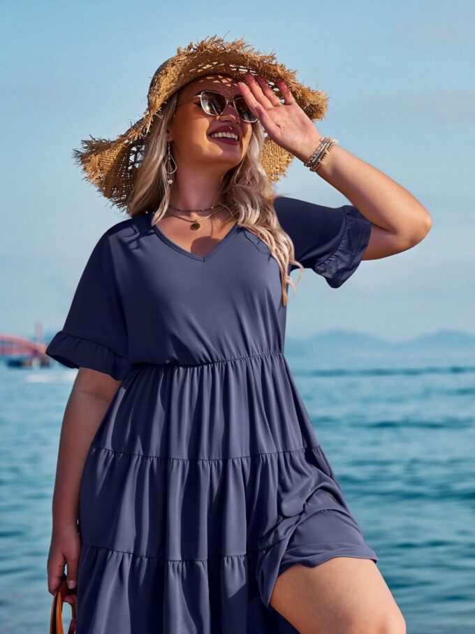 IN'VOLAND Womens Plus Size Short Sleeve Dress Summer Midi Casual Tiered V-Neck Aline Flowy Loose Dresses with Pockets – Bild 4