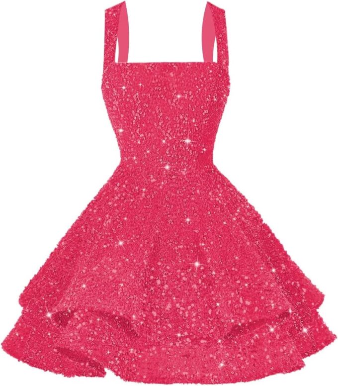 Women's Short Scoop Neck Sequin Homecoming Dresses Sparkly Sweet 16 Photo Tiered Short Cocktail Party Gown DE237 – Bild 5