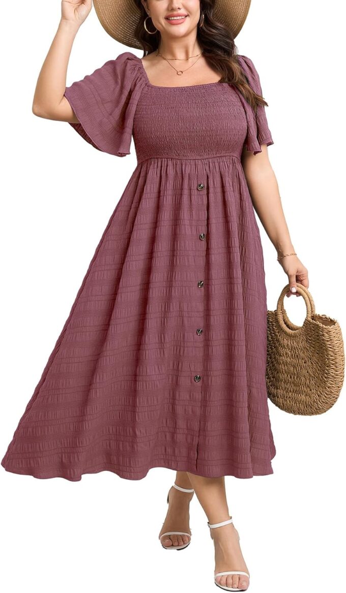 Womens Plus Size Maxi Boho Beach Sundress Short Sleeve Square Neck Smocked Button Down Flowy Casual Summer Dresses
