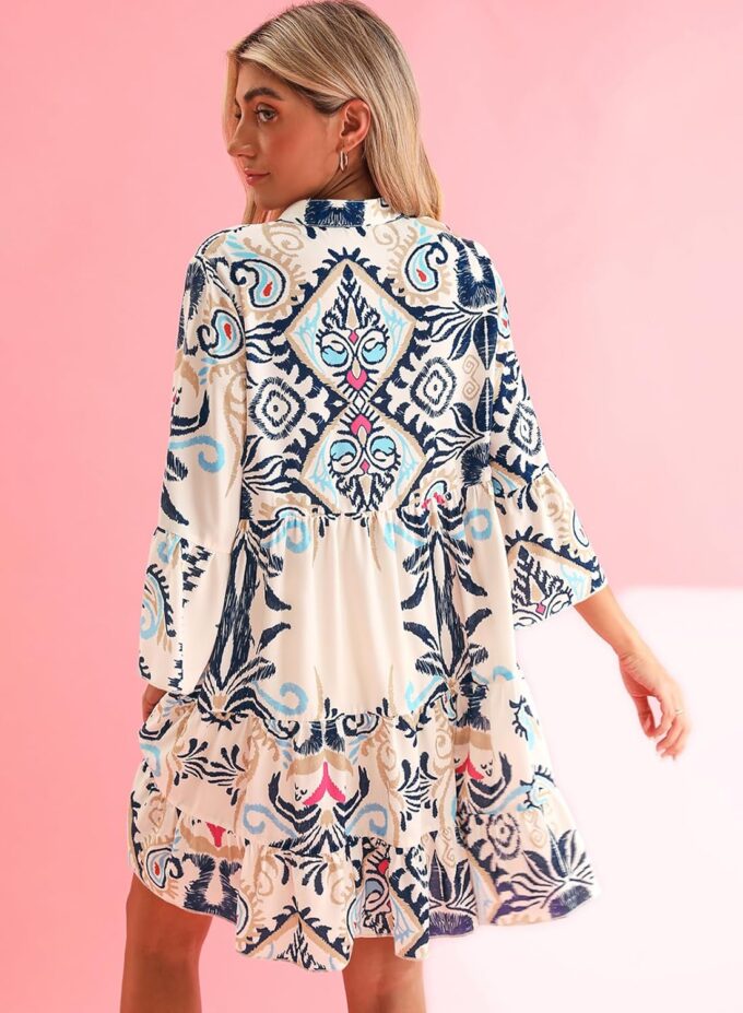 miduo Womens Summer Dress Casual V Neck Buttoned 3/4 Sleeve Bohemian Tribal Print Flowy Mini Dresses – Bild 5