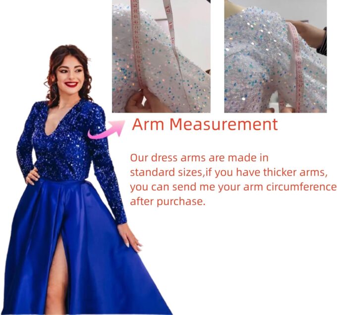 Women's Sequin Prom Dress with Pockets Long Sleeve Satin Formal Evening Dress with Slit PD2 – Bild 3