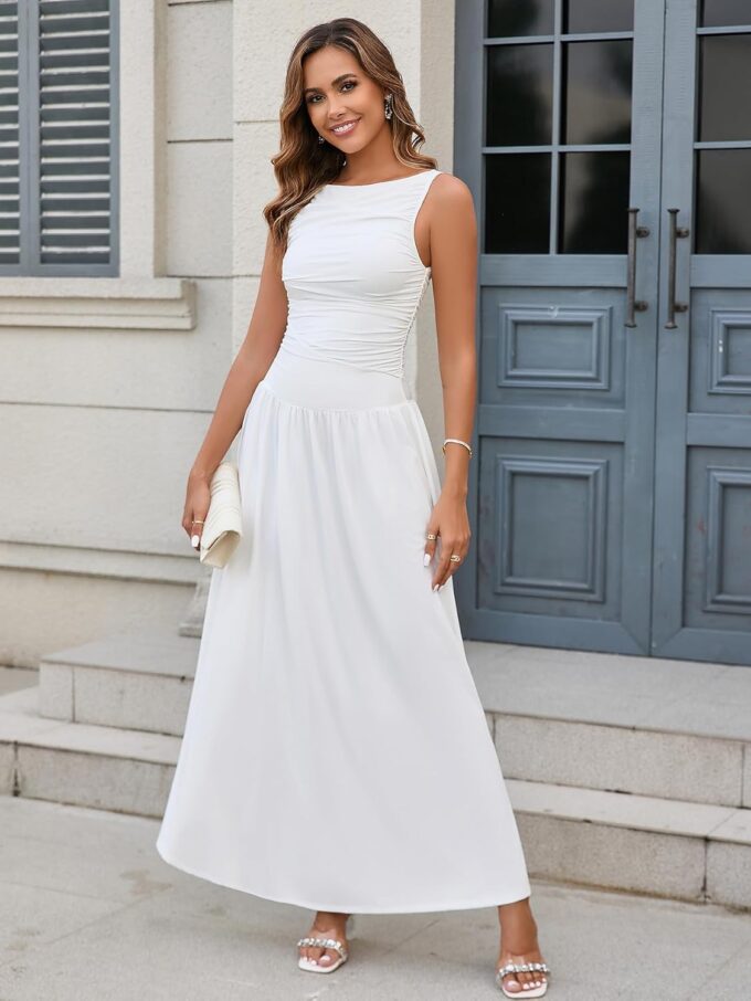 EYNMIN Summer Sleeveless Long Dress Crewneck Ruched Tank Flowy A Line Casual Formal Wedding Guest Dresses for Women – Bild 2