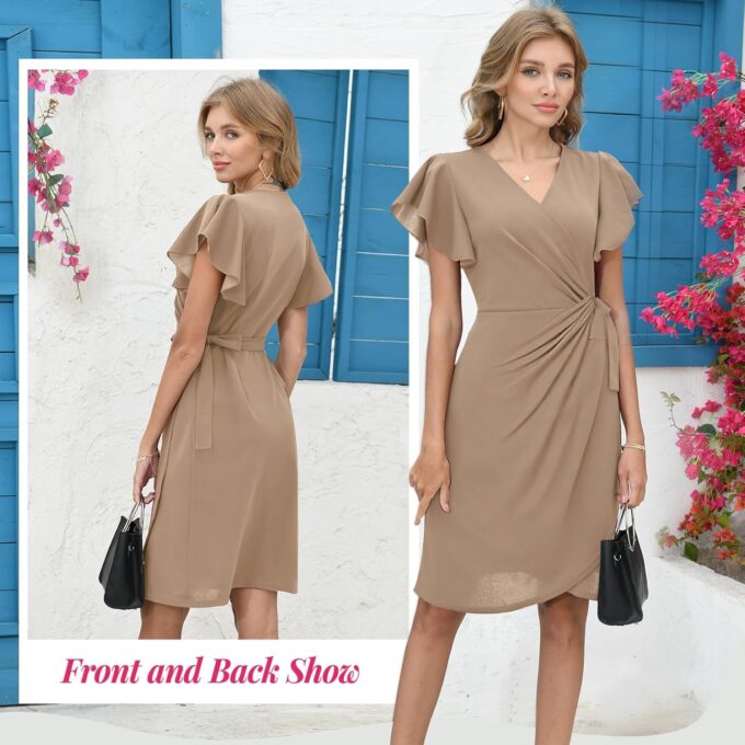 G&Y Damen-Midikleid mit tiefem V-Ausschnitt, Rüschenärmeln – klassische Cocktail-Party, Arbeit, Wickeloptik – Bild 5