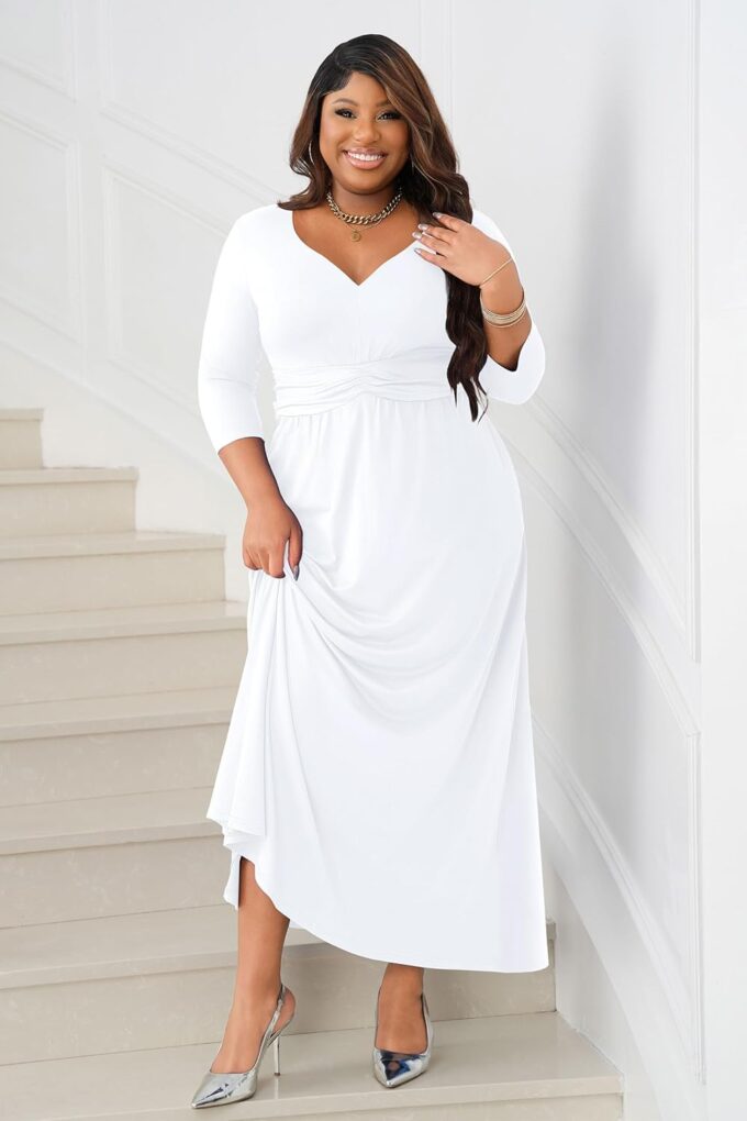 FANDEE Casual Maxi Dress for Women Summer Wtih Pockets 3/4 Sleeve V Neck Elastic High Waist Elegant Pleated A-Line Dresses – Bild 5