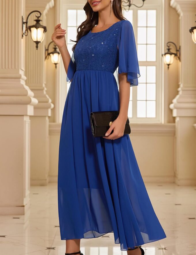 Women's Wedding Guest Long Dress Cocktail Party Formal Cape Ruffle Sleeve Chiffon Lace Sequin Dress – Bild 4