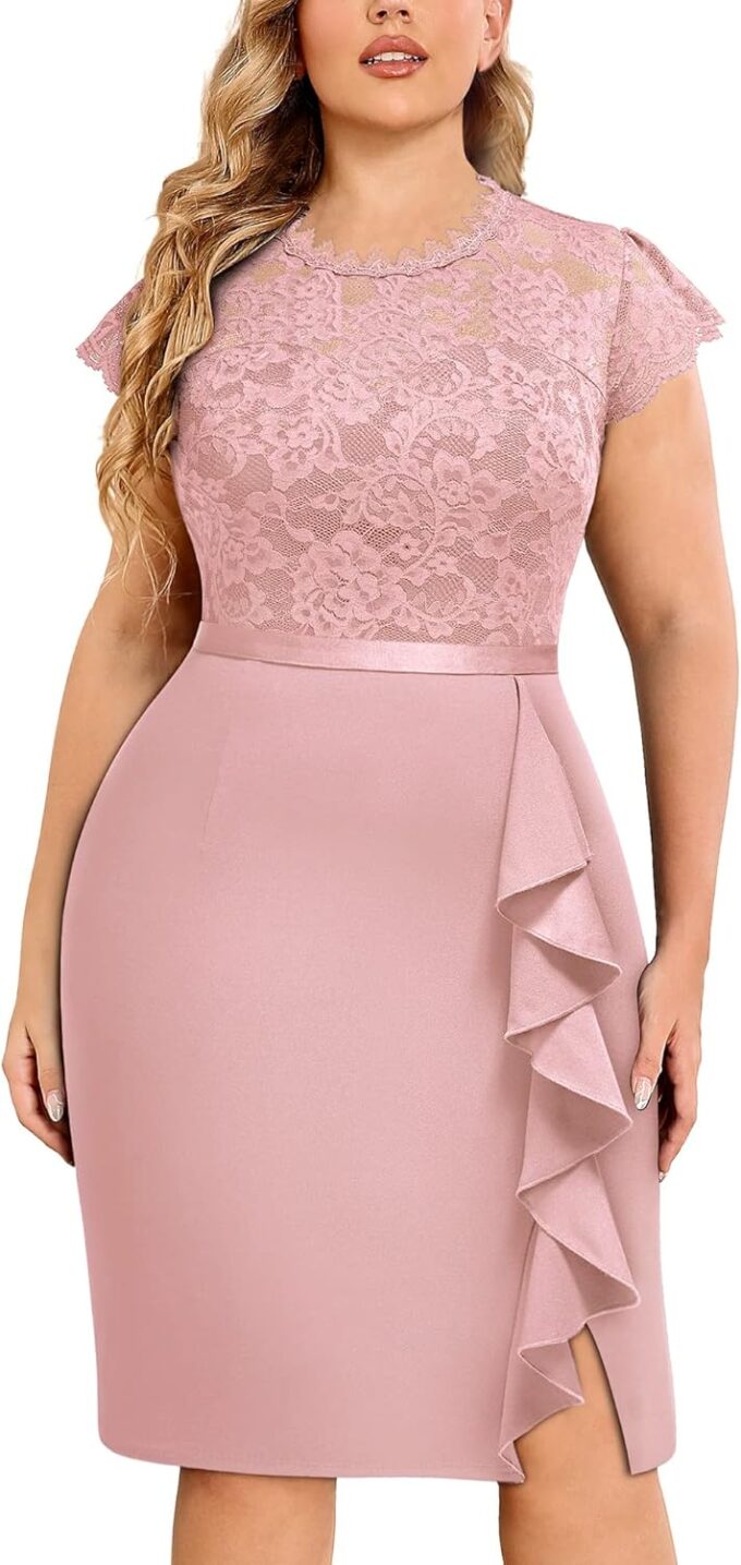 Miusol Women's Plus Size Floral Lace Contrast Ruffles Split Evening Cocktail Dress