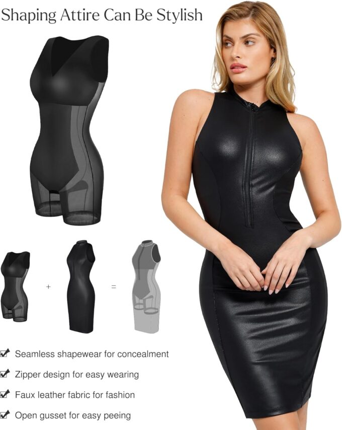 Popilush Faux Leather Dress for Women - Midi V Neck Dresses Shapewear Body con Dress Women - Date Night Outfit – Bild 3