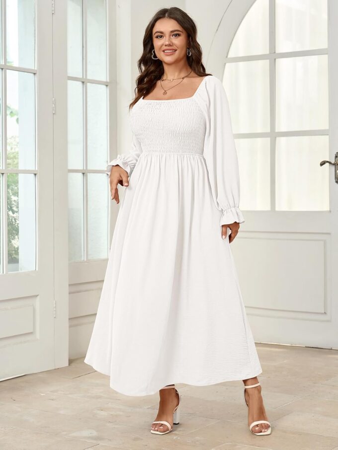 Women's Plus Size Maxi Dress Long Sleeve Square Neck Smocked Flowy A-Line Boho Wedding Party Maxi Dress – Bild 6