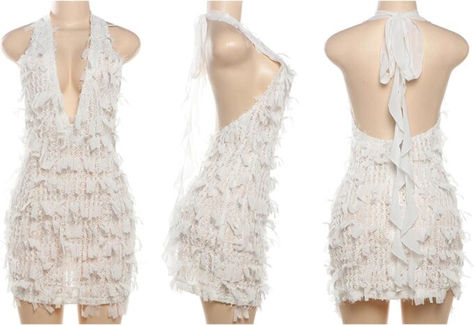 Womens Summer 2025 Sexy Bodycon Mini Dress Fringe Hatler Deep V Neck Backless Sundresses Beach Vacation Dresses – Bild 6
