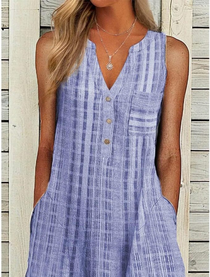 Women Casual Dress Summer Stripe Button V Neck Sleeveless with Pocket Long Dresses Holiday Beach Party Midi Dress – Bild 4