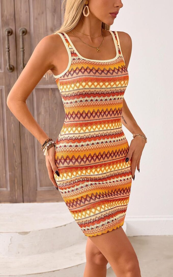 PRETTYGARDEN Womens 2025 Summer Mini Dresses Square Neck Sleeveless Tank Bodycon Striped Boho Sundress Beach Vacation Clothes – Bild 7