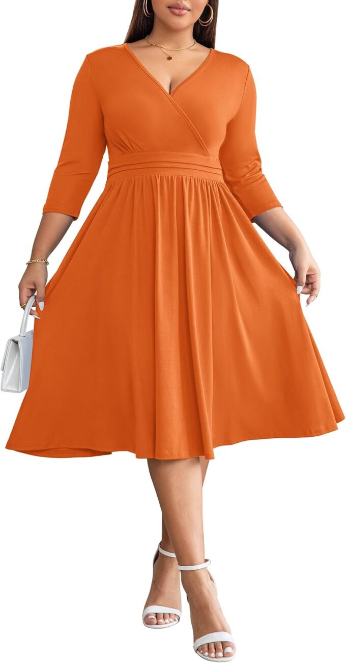 Nmoder Wrap Dress Cocktail Casual Dresses for Women Wedding Guest Fit and Flare V Neck 3/4 Sleeve Midi Dress with Pockets