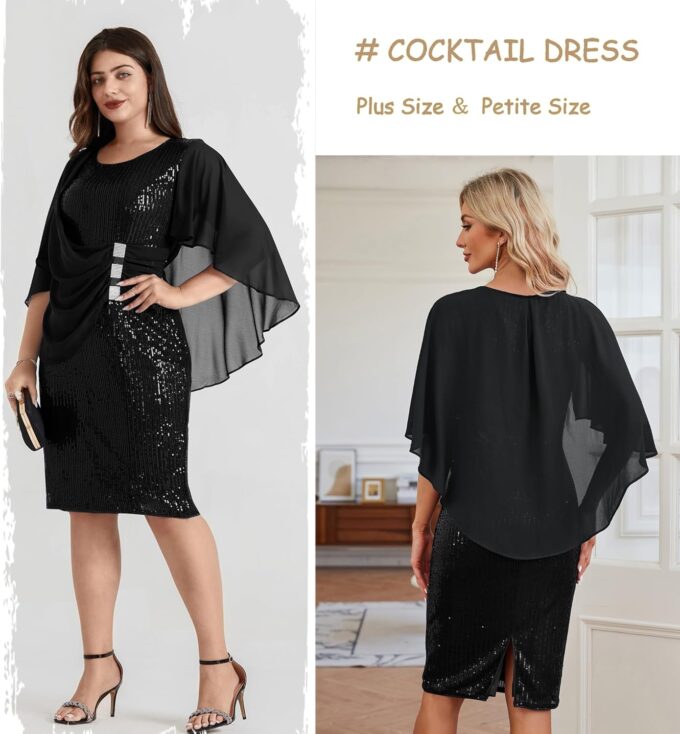 Hanna Nikole 2024 Womens Sequin Party Dress Plus Size Chiffon Cape Sleeve Cocktail Midi Dress – Bild 3