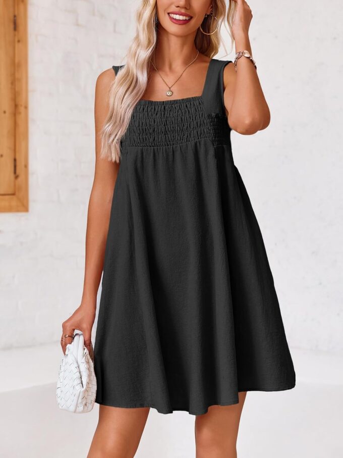 Fisoew Women 's Summer Casual Sleeveless Mini Dress Square Neck Smocked Swing Loose Babydoll Dress – Bild 5