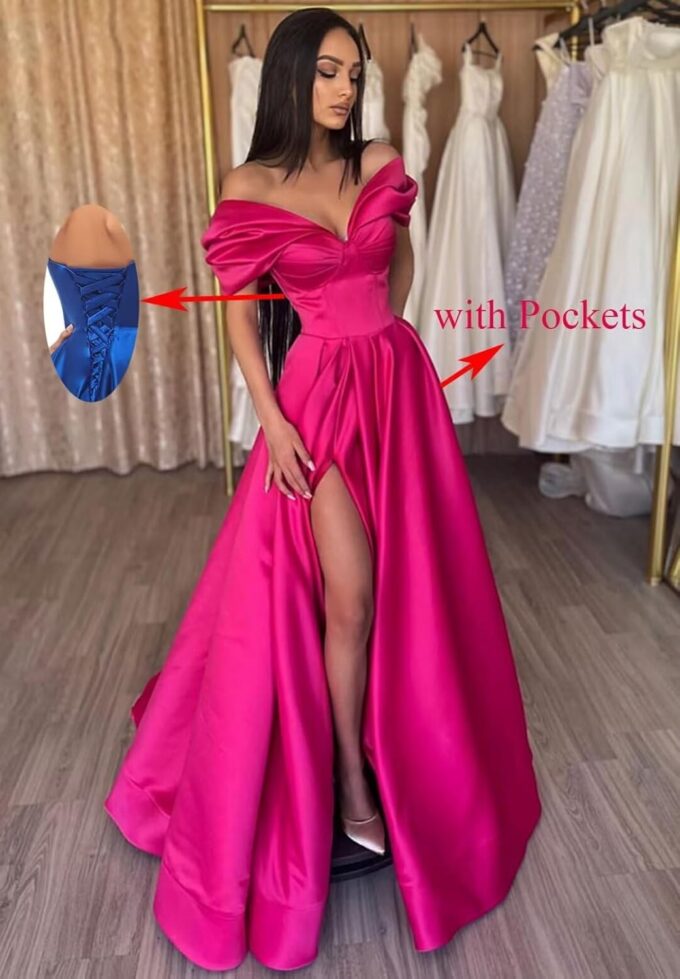 Women's Off The Shoulder Satin Prom Dress with Pockets Long Backless A-Line Formal Evening Gowns with Slit – Bild 2