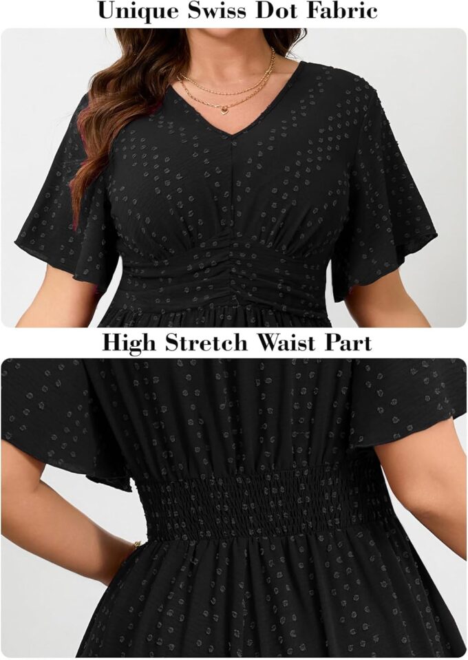 RWJ Women's Plus Size Maxi Dress V Neck Short Sleeve Swiss Dot A Line High Waist Flowy Casual Summer Dresses 2025 – Bild 5