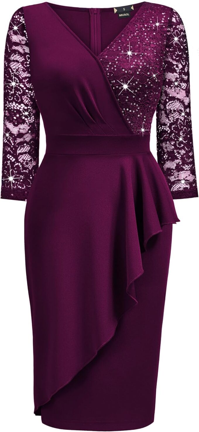 Miusol Women's Classy V-Neck Glitter Sequin Lace 3/4 Sleeve Cocktail Party Dress – Bild 5