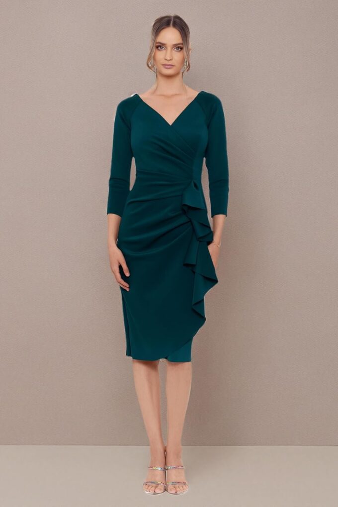 Xscape Women's 3/4 Sleeve V-Neck Side Ruched Midi Dress (Reg and Petite) – Bild 4
