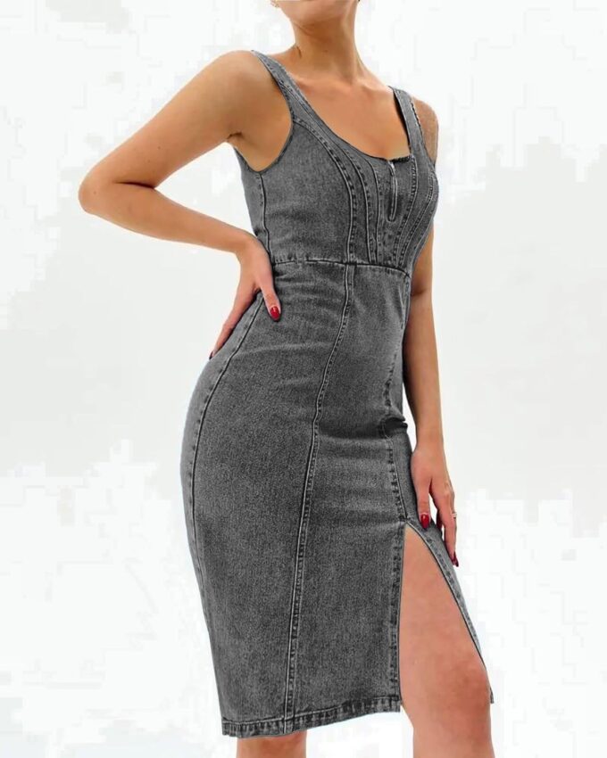 utcoco Denim Dress for Women Sleeveless Side Slit Bodycon Midi Jean Dresses for Women 2025 – Bild 2