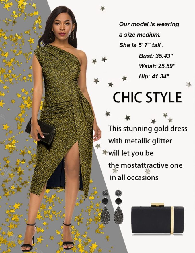 Womens Elegant Sleeveless one Shoulder Ruched High Slit Evening Cocktail Party Dresses – Bild 2