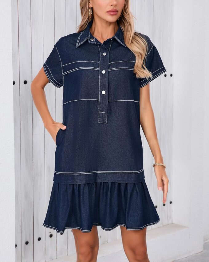 Women's Cotton Drop Waist Ruffle Hem Shirt Dress Short Sleeve Button Down Tunic Dress with Pockets – Bild 4