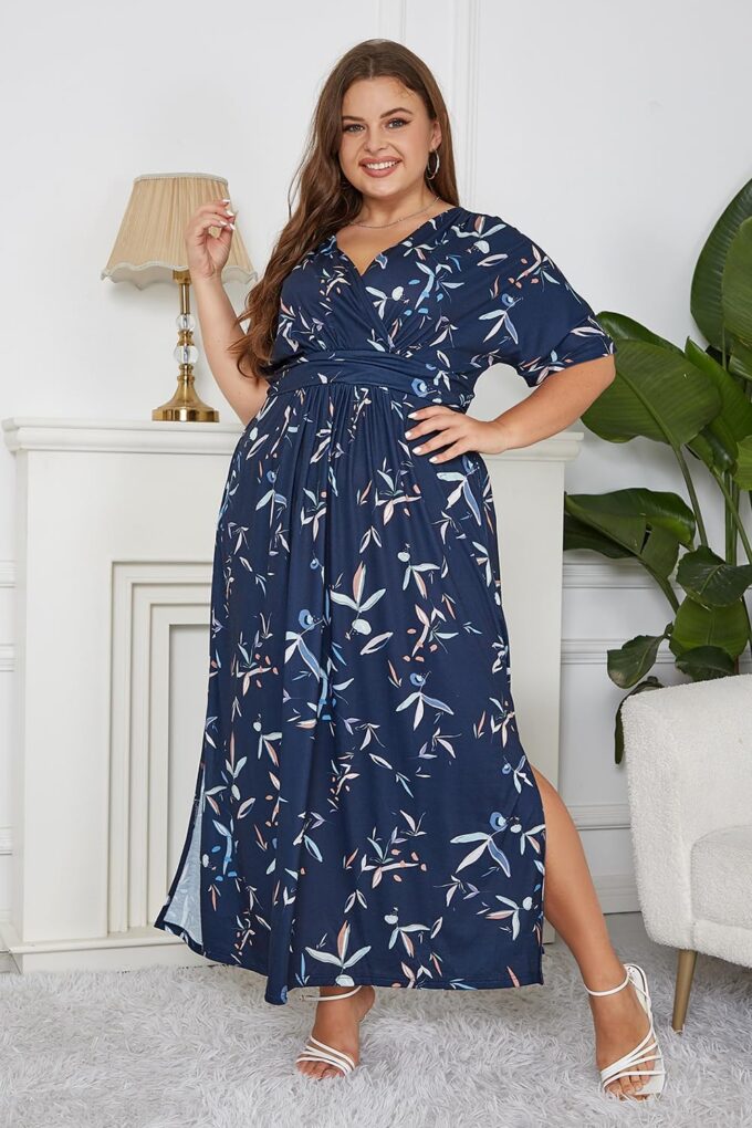 Keluummi Plus Size Wedding Guest Maxi Dress for Curvy Women, Summer Casual Floral Empire Waist 3/4 Sleeve Long Cocktail Dress – Bild 7