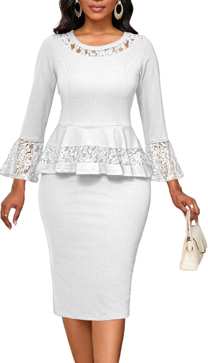 Elegant Dresses for Women Wear to Work Long Sleeve Cocktail Business Knee Length Pencil Lace Dress