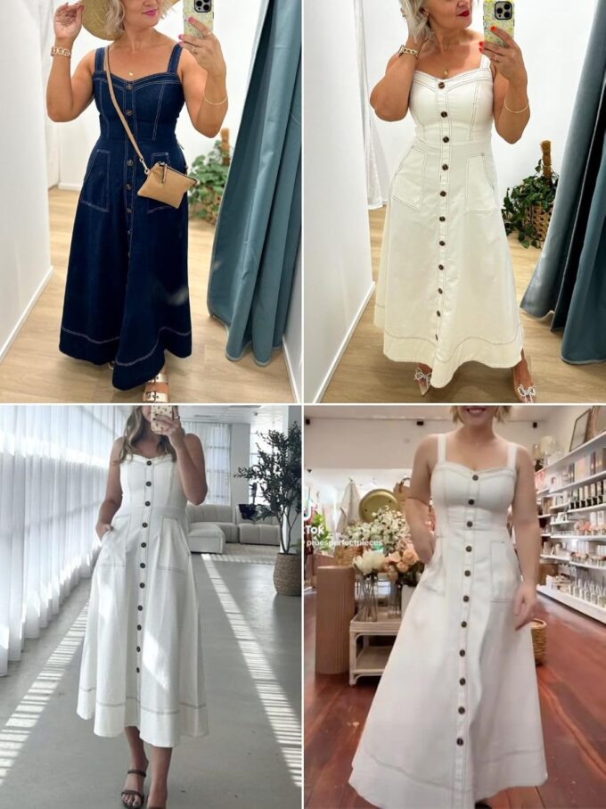 Fisoew Women's Long Denim Dress Sleeveless Adjustable Straps A Line Maxi Dress with Pockets – Bild 5