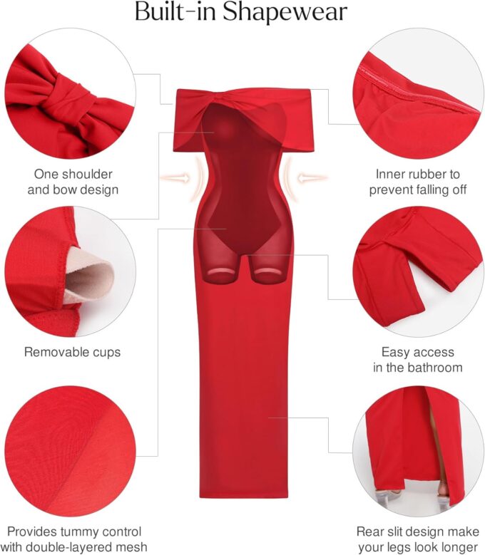 Popilush Off The Shoulder Maxi Dress Wedding Guest Formal Dresses for Women Sleeveless Bodycon Long Shapewear Prom Dress – Bild 4