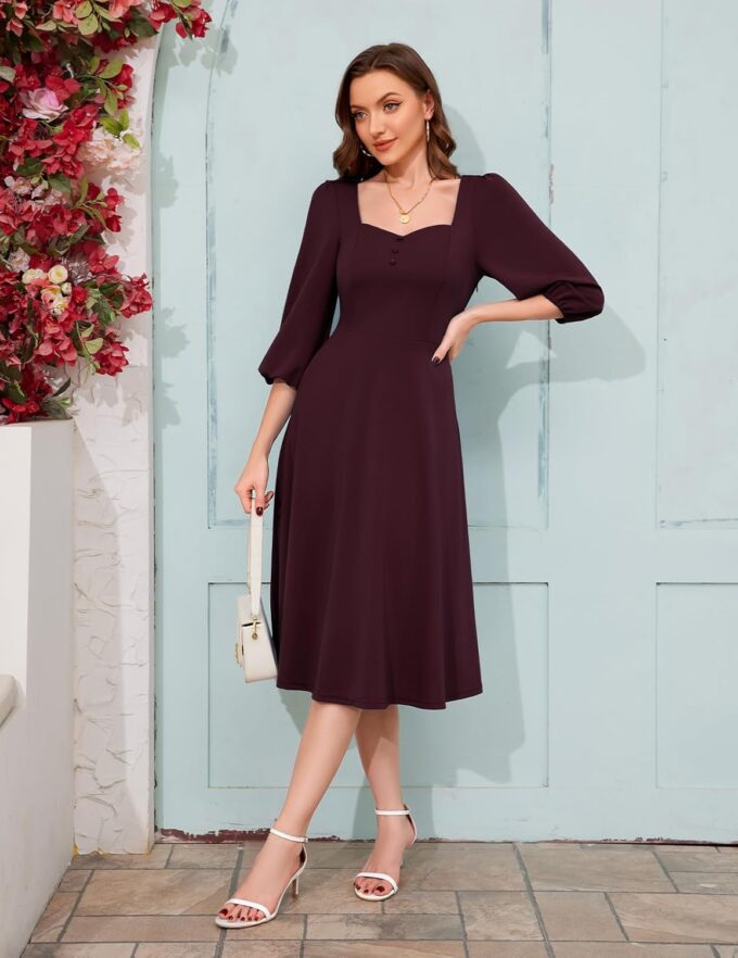 Meetjen Women's Vintage Cocktail Dress 3/4 Sleeves A-Line Sweetheart Church Tea Party Midi Dresses for Wedding Guest – Bild 5