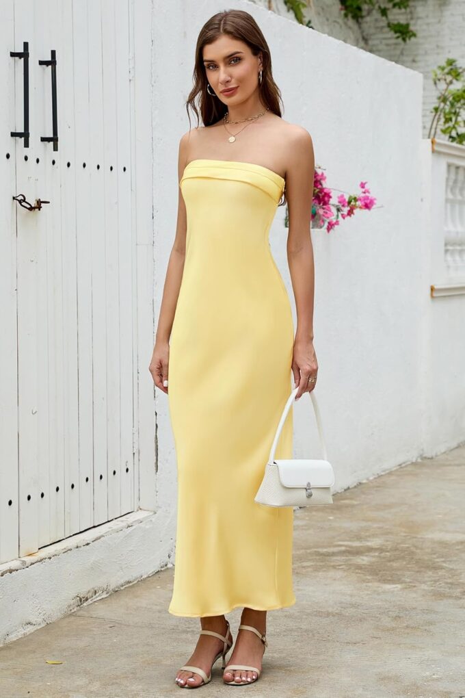 Women's 2025 Summer Strapless Satin Maxi Dresses Formal Elegant Silk Tube Bodycon Backless Wedding Guest Long Dress – Bild 6