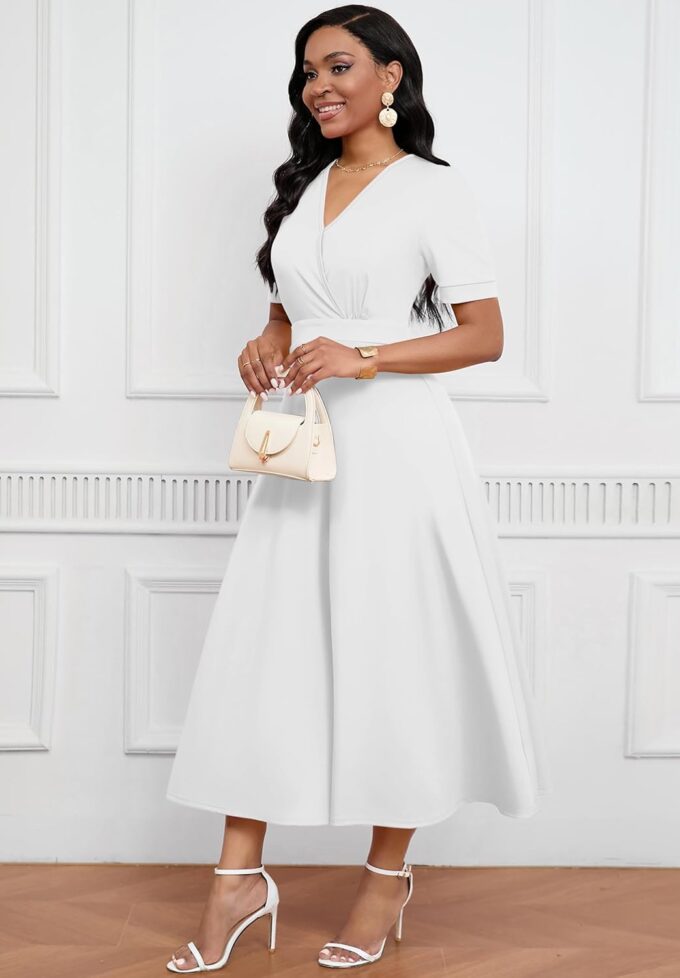 Womens Midi Dresses V Neck Cocktail Church Tea Dresses Short Sleeve A-Line Swing Dresses – Bild 5